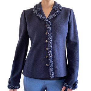 St John Collection $1365 USD Wool Blend Polka Dot Ruffle Trim Blazer Jacket Blue
